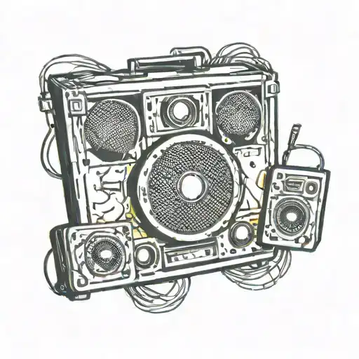 an audio SPEAKER from the 90s with the letter L in the center but smaller, music production style, LAPTOP AND PLUG tattoo design idea