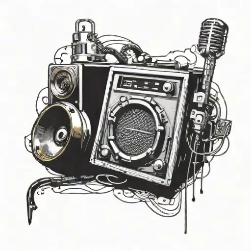 an audio monitor from the 90s with the letter L in the center but smaller, music production style tattoo design idea
