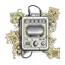 an audio monitor from the 90s with the letter L in the center but smaller, music production style, LAPTOP AND PLUG tattoo design idea