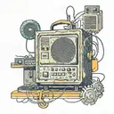 an audio monitor from the 90s with the letter L in the center but smaller, music production style, LAPTOP AND PLUG tattoo design idea
