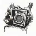 an audio monitor from the 90s with the letter L in the center but smaller, music production style tattoo design idea