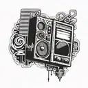 an audio monitor from the 90s with the letter L in the center but smaller, music production style tattoo design idea