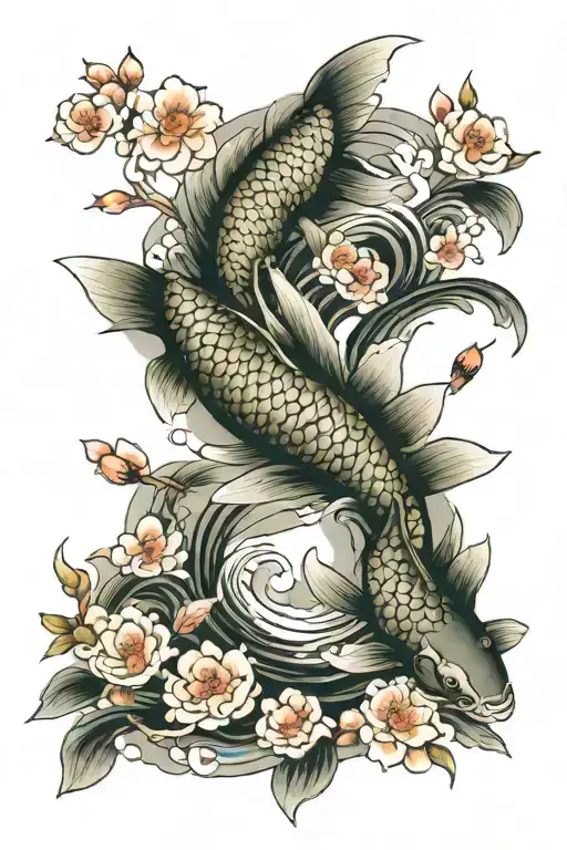 Koi and temple surrounded by cherry blossom tattoo design idea