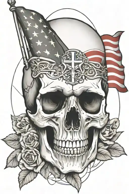 Catholic momento mori incorporating the American flag behind skull   tattoo design idea