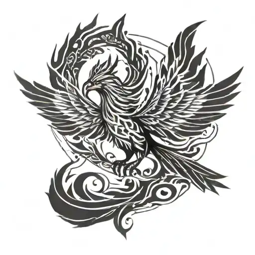 Phoenix flying in geometric flames tattoo design idea