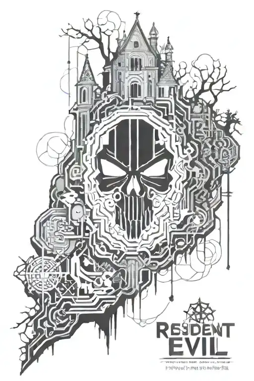 resident evil 8 woods vibe with fog castle vampy style  tattoo design idea