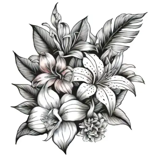 lilac, Gerber daisies, strelitzia monstera nature, orchid, rose tattoo design idea