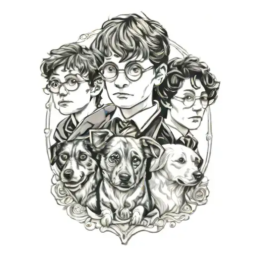 Portrait tattoos of my 2 kids and dogs in Harry Potter style tattoo design idea