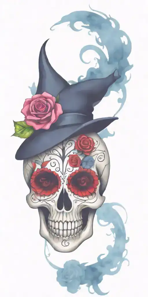 Harry Potter themed sugar skull design with magical elements tattoo design idea