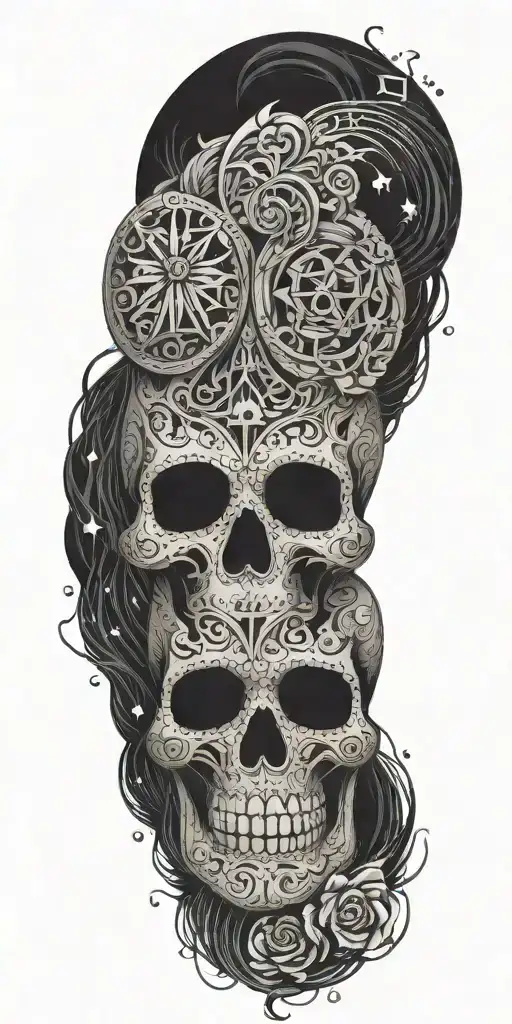 A sugar skull design featuring elements from Harry Potter, such as the Deathly Hallows symbol and a lightning bolt scar tattoo design idea