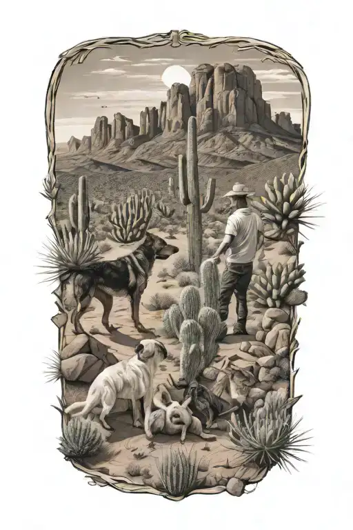 A tattoo of two boys playing in the Arizona desert, with their dogs by their side, surrounded by cacti and mountains tattoo design idea