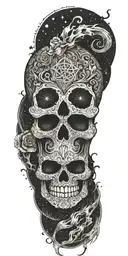 A sugar skull design featuring elements from Harry Potter, such as the Deathly Hallows symbol and a lightning bolt scar tattoo design idea