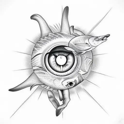 A realistic tattoo of a hand holding a fish with an eye-shaped sun in the background tattoo design idea