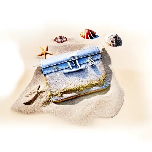 A beach scene with a lawyer's briefcase buried in the sand and seashells around it tattoo design idea