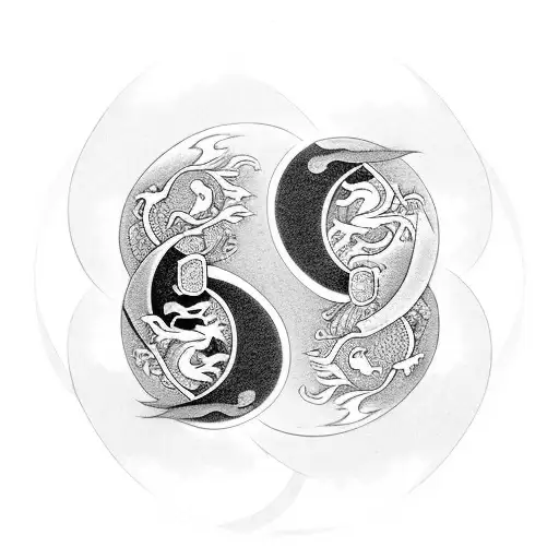Yin and Yang symbol with two dragons and Hokusai wave intertwined on one side and cherry blossom on the other side and adding text 'FLY..OR DIE' tattoo design idea