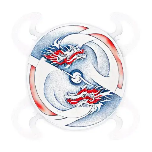 Yin and Yang symbol with two dragons and Hokusai wave intertwined on one side and cherry blossom on the other side and adding text 'FLY..OR DIE' tattoo design idea