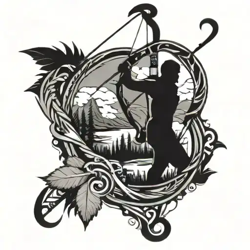 compound bow with arrow in wilderness scene tattoo design idea