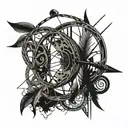 compound bow with arrow in wilderness scene tattoo design idea