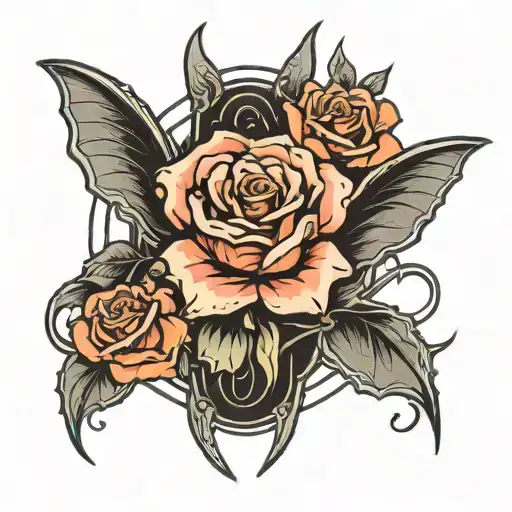 pinstripe bat outline with rose in centre tattoo design idea