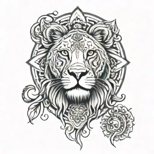 An intricate mandala with a lion's head at the center symbolizing strength and spiritual growth tattoo design idea