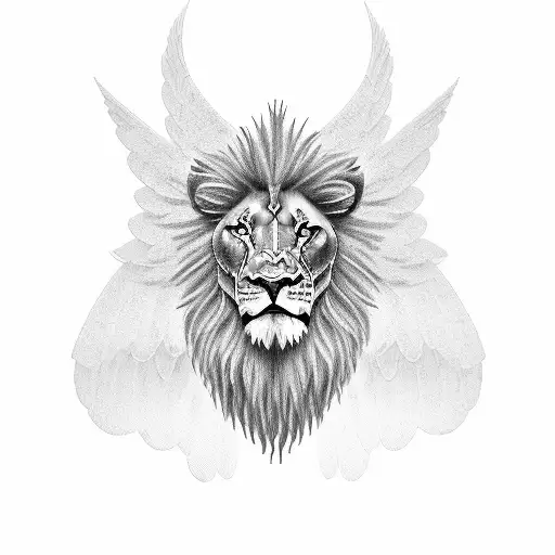 angel wings with Lion in the middle for chest tattoo design idea