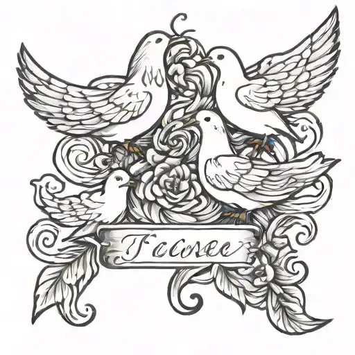 3 names written doves plus a wave underneath tattoo design idea