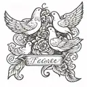 3 names written doves plus a wave underneath tattoo design idea
