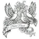 3 names written doves plus a wave underneath tattoo design idea