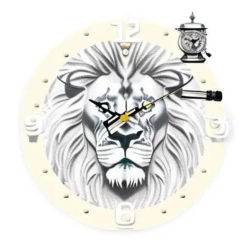 broken roman clock with lion and pen inkwell tattoo design idea