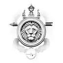 broken roman clock with lion and pen inkwell tattoo design idea