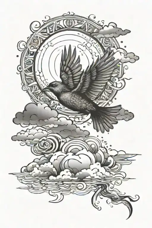 Bird flying, coulds in the background, sun shines through the coulds. tattoo design idea