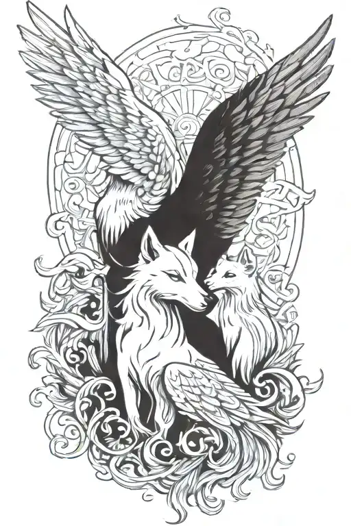 angel and wolf and phoenix tattoo design idea