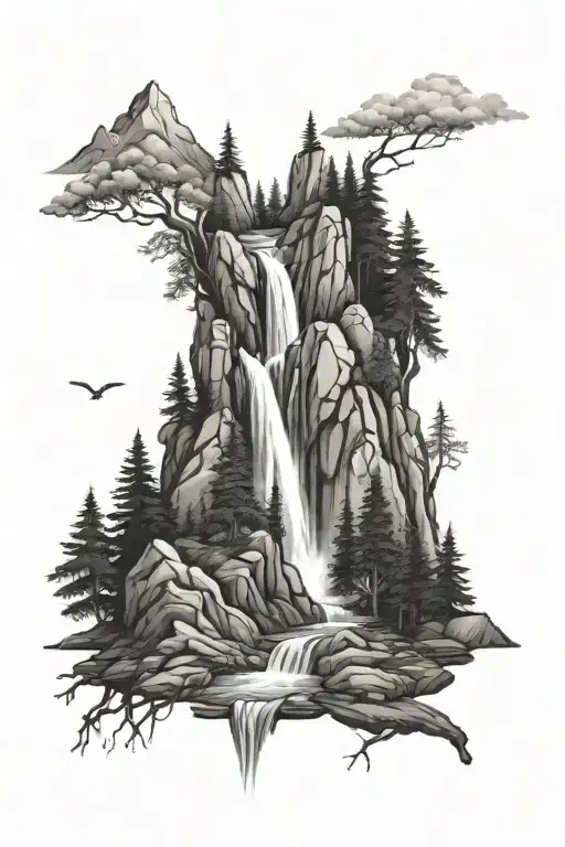 mountain waterfall forest mountain tattoo design idea