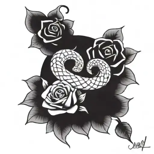 A tattoo design featuring a infinity snake with roses, incorporating Aztec symbols tattoo design idea