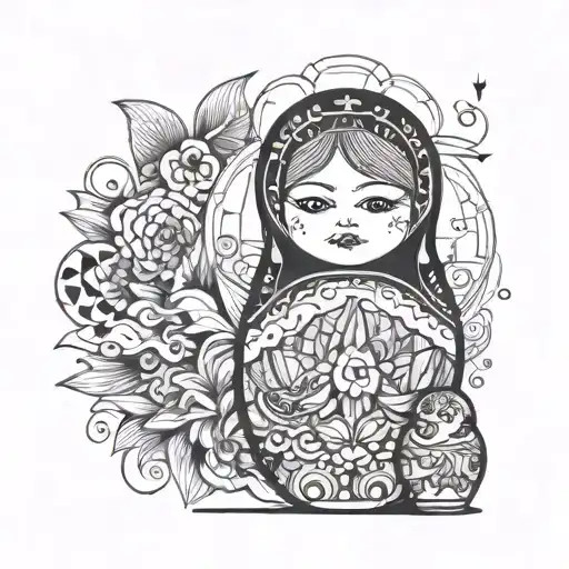 beautiful nesting doll with her eyes closed that has a thunder cloud above her but the nesting doll looks peaceful  tattoo design idea