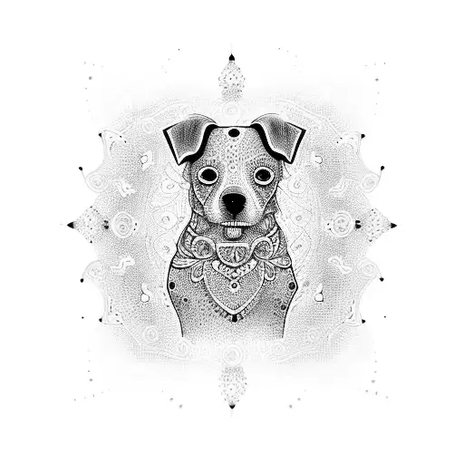 Create a dotwork tattoo of a dog surrounded by intricate Hindu patterns tattoo design idea