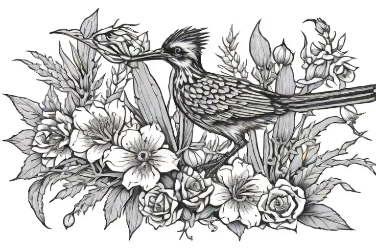 skeleton of a road runner in front of a blooming prickly pear and yucca tattoo design idea