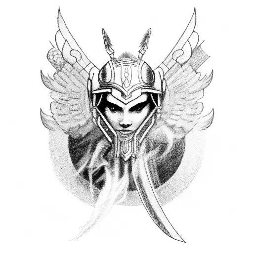A sketch of a smoking Valkyrie from Ragnarok, with smoke forming lines of code tattoo design idea
