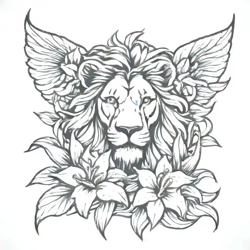lion and lily flowers tattoo design idea