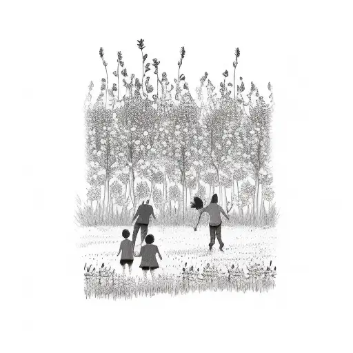 A father and 3 daughters playing in a field of wildflowers tattoo design idea