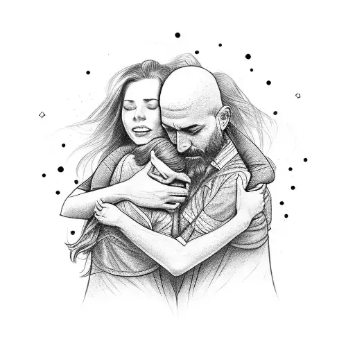 A father and 3 daughters embracing in a group hug tattoo design idea