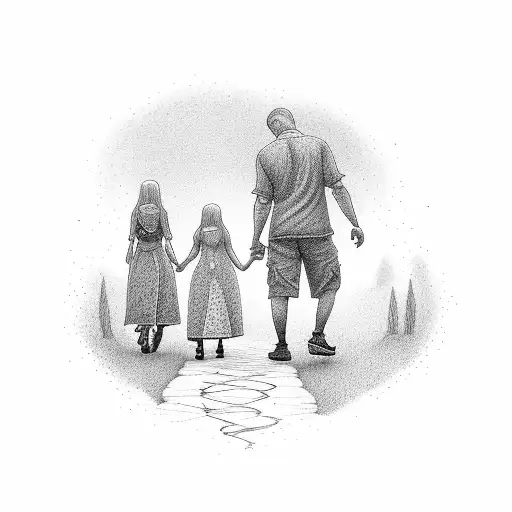 A father and 3 daughters walking hand in hand on a winding path tattoo design idea