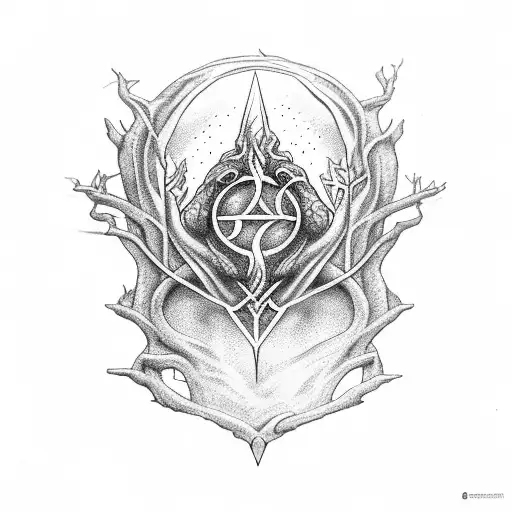 Yggdrasil avec un trident dans le tronc et deux corbeaux tattoo design idea