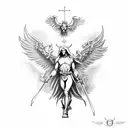 St. Michael standing on devil with skulls around him tattoo design idea