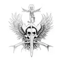 St. Michael standing on devil with skulls around him tattoo design idea