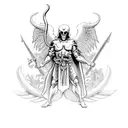 St. Michael standing on devil with skulls around him tattoo design idea