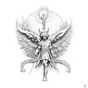 St. Michael standing on devil with skulls around him tattoo design idea
