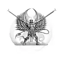 St. Michael standing on devil with skulls around him tattoo design idea