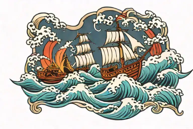 boat fighting wave in the ocean tattoo design idea
