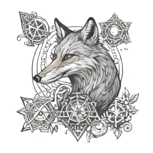 A mystical fox surrounded by arcane symbols tattoo design idea
